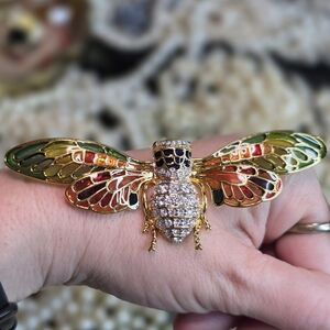 Vintage Joan Rivers Cicada Bug Plique-a-Jour Stain Glass & Crystal Pin Brooch